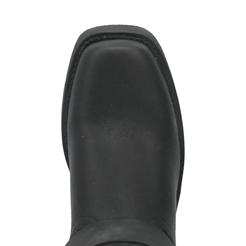 Dan Post Dean biker boot in black leather with a rounded toe. Features reinforced seams and a low, stacked heel.