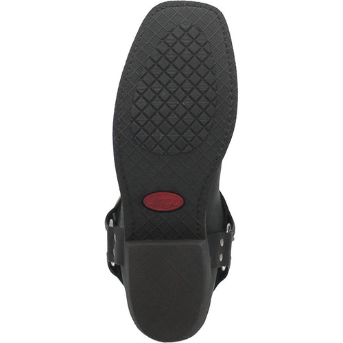 Black Dingo men's biker boot. Oil-resistant leather, rugged design with a flat, textured rubber sole. Rounded toe, metal accents (side buckles). Solid black color.