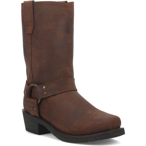 Dingo men's Goucho brown motorcycle boots with tall, distressed leather shaft and rounded toe. Leather strap with metal rivets. Flat sole, slight heel.