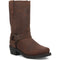 Dingo men's Goucho brown motorcycle boots with tall, distressed leather shaft and rounded toe. Leather strap with metal rivets. Flat sole, slight heel.