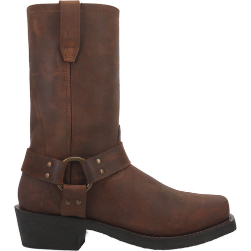 Gaucho brown men's motorcycle leather boots with tall shaft, rounded toe, and sturdy heel. Brown leather with side strap, metal ring, and brass studs.