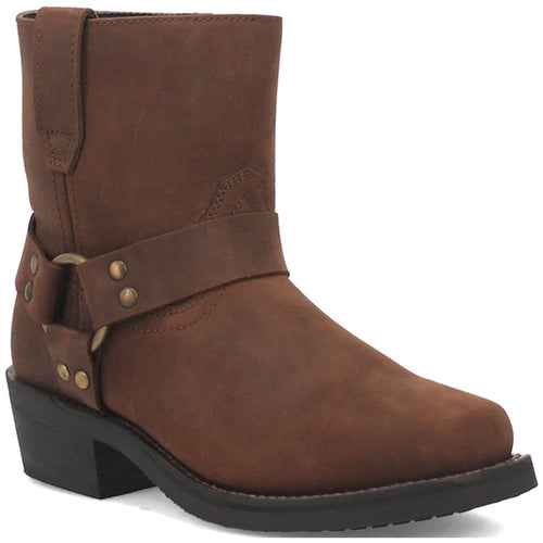 Dingo's Rev Up Gaucho men's boot: Brown, smooth leather, mid-calf height, rounded toe. Features ankle harness with studs, black raised sole, block heel. Rugged, minimalist design.