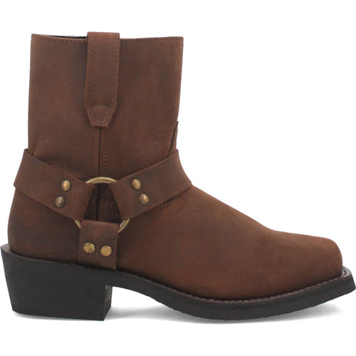 Dark brown Dingo men's boot with gaucho leather. Short, rounded top, wide ankle, decorative harness strap with metal accents. Block heel and black rubber sole for a sturdy base.
