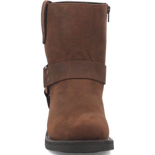 Dingo's Rev Up Gaucho men's boot: ankle-high, brown leather with a soft texture, rounded toe, and foldable collar. Features a decorative strap, metal studs, side zipper, and black outsole.