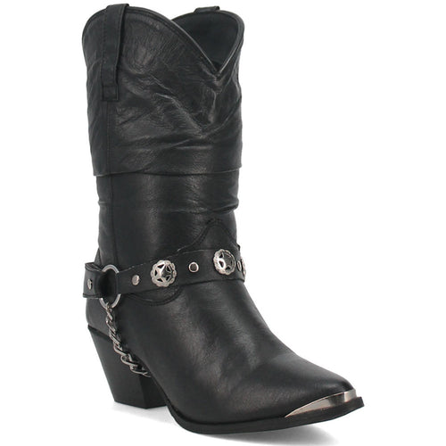 Dingo Olivia Black Pigskin boots: Women's black leather boots with a tapered toe, slouched shaft, and silver metal toe cap. Feature ankle strap with conchos, chain link, and chunky, angled heel. V-cut top.