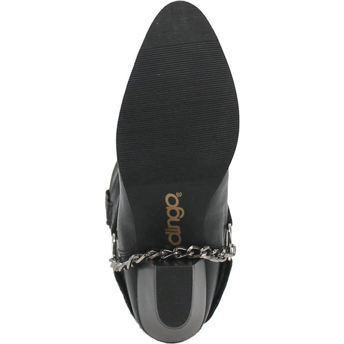 Dingo Olivia black pigskin ankle boots for women. Sleek design, rounded toe, and smooth black pigskin upper. Features ankle chain detail. Flat sole with ribbed traction and lined interior.