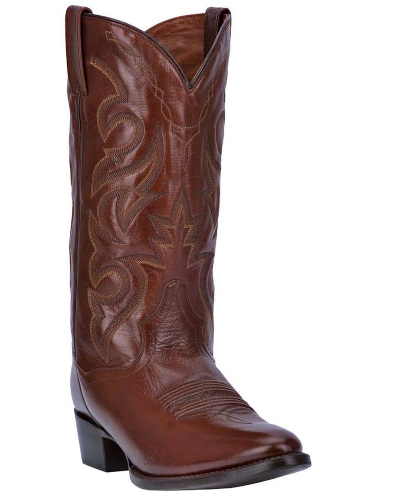 Dan Post Men's Milwaukee Boot: Tall leather boot with pointed toe & raised heel. Brown, with intricate shaft stitching & decorative swirls/floral motifs. Polished, distinct design.