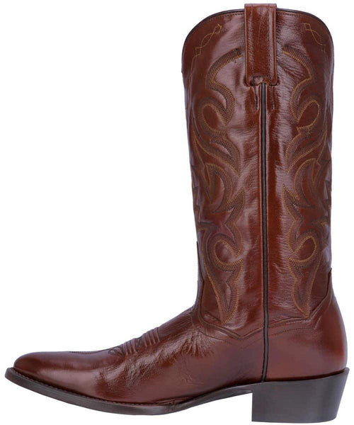 Dan Post Men's Milwaukee Boot: Brown leather, pointed toe, tall shaft. Detailed stitching, stacked heel, and pull tab for easy wear. Classic western style.