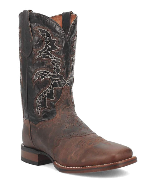 Dan Post Men's Franklin Boot: Dark brown leather, tall shaft, round toe, raised heel. Light stitching, intricate upper patterns, angular cuff design. Medium brown sole. Western-inspired silhouette.