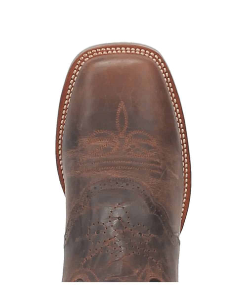 Dan Post Men's Franklin Boot: Brown leather, square toe, decorative shaft stitching, and contrasting piping along the outer edge. Polished finish.