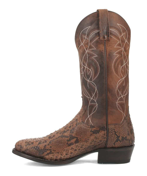 Dan Post Men's Manning Boot: Tall, textured brown leather boot with snake skin look. Pointed toe, swirl stitching on shaft, and pull tabs. Black, flat sole.
