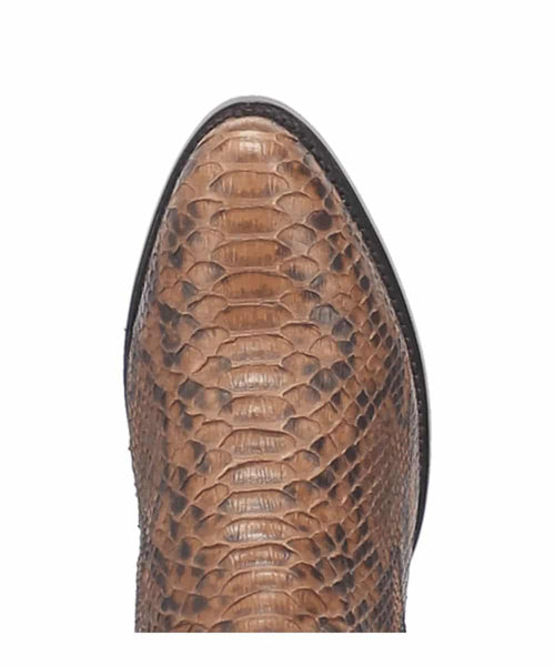 Dan Post Men's Manning Boot. Light brown, textured material mimicking exotic skin with a pointed toe. Scaly pattern upper with contrasting stitching. Distinct sole and heel.