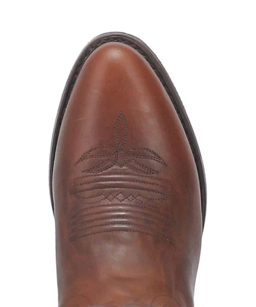 Dan Post Men's Cottonwood Boot: Brown leather, pointed toe, decorative floral stitching. Smooth finish with curved sides.