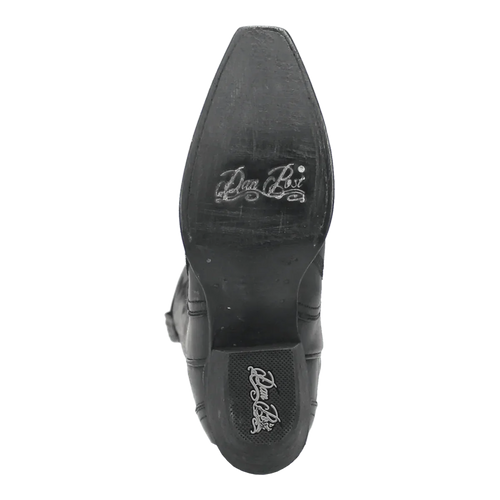 Dan Post Hallie women's tall boots. Black leather with snip toe and slender heel. Decorative stitching on the shaft. Textured black outsole with embossed brand name.