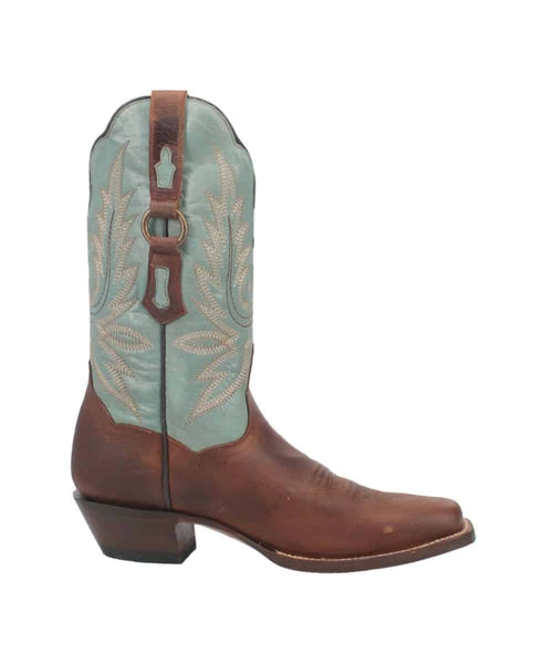 Dan Post Tamara Boot: Brown leather foot, turquoise embroidered upper with leaves. Pointed toe, stacked heel, and rear buckle strap.