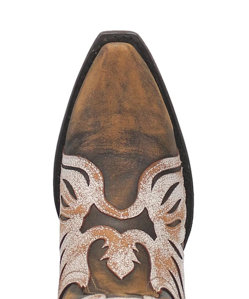 Dan Post Women's Indulgence boot. Distressed brown leather with a pointed toe & raised heel. Floral white stitching adorns the upper. Features contrasting brown hues for design detail.