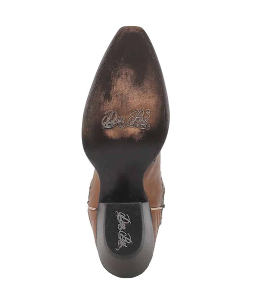 Dan Post Women's Taryn Boot. Brown leather, pointed toe, stiletto heel. Decorative stitching. Black rubber sole with grip. Smooth finish, subtle texture.