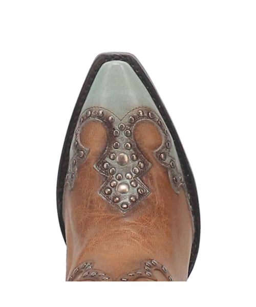 Dan Post Women's Taryn Boot: Pointed toe with a light blue cap, brown leather with metallic studs. Western shaft design with decorative curves.