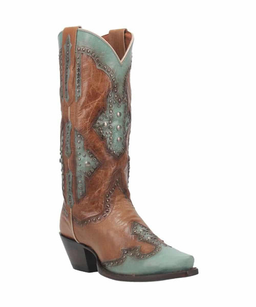 Dan Post Taryn women's boot: tall shaft, pointed toe, slight heel. Brown leather with light blue accents, studs, and zigzag patterns. Scalloped top line for a contrasting look.