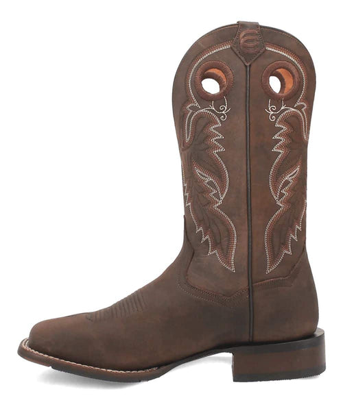 Dan Post Men's Abram Western Boot: Brown, tall shaft, rounded toe, and stacked leather heel. Matte finish with leaf-like white stitching. Features pull holes and a leather sole.