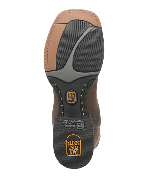 Dan Post Men's Abram Western Boot in dark brown leather. Features a rubber & leather sole with textured grip. Circular logo & decorative studs. Slightly curved heel for a classic western look.