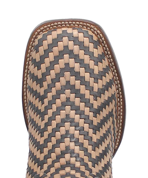 Dan Post Keaton Boot: Men's leather boot with a pointed toe and zigzag woven pattern. Features visible stitching, a textured sole, and a defined shape. Colors: light tan & dark gray.
