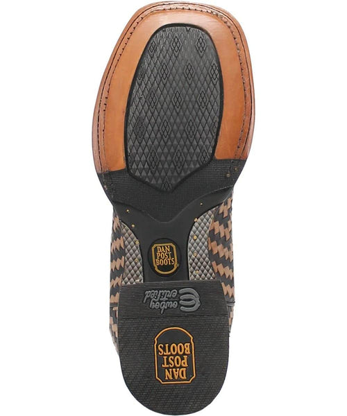 Dan Post Keaton men's boot. Textured rubber outsole with brown leather heel. Woven midsection design in browns, diamond accents. Stylish and durable.
