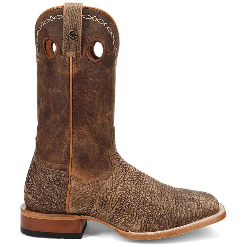Dan Post Murray men's brown bison leather cowboy boots. Rugged western style with a square toe, textured brown leather, stacked heel, and pull-on design with side pull holes. Decorative stitching.