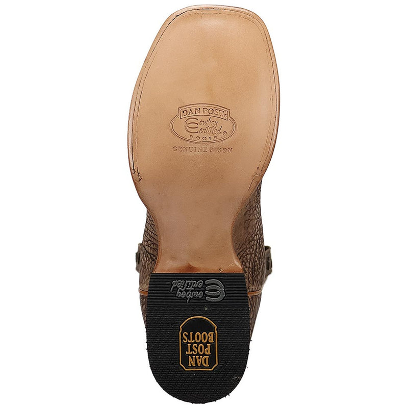 Dan Post Murray men's brown bison leather cowboy boots. Rugged western style with a square toe, sturdy leather sole, textured bison skin, and branded rubber outsole.