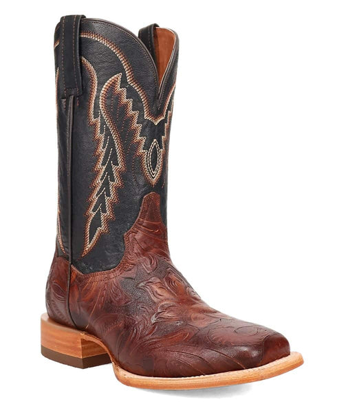 Dan Post Layla Boot: Women's tall black leather boot with intricate stitching on the upper and brown, floral-embossed lower. Features pointed toe, stacked heel, and smooth sole.