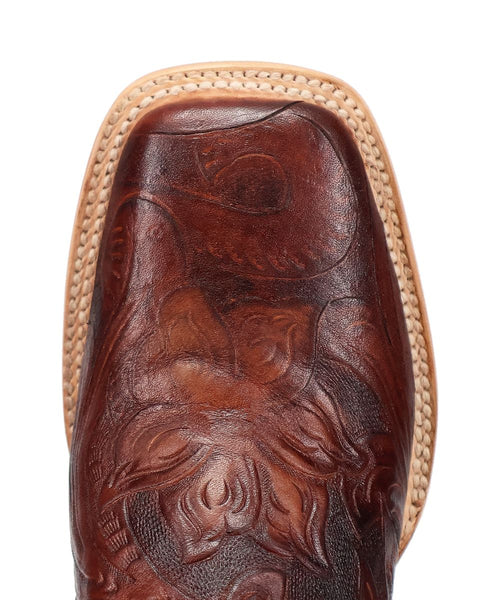 Dan Post Layla women's boot. Rich brown leather with pointed toe, floral embossed pattern. Tan stitching detail adds craftsmanship to the upper sole.