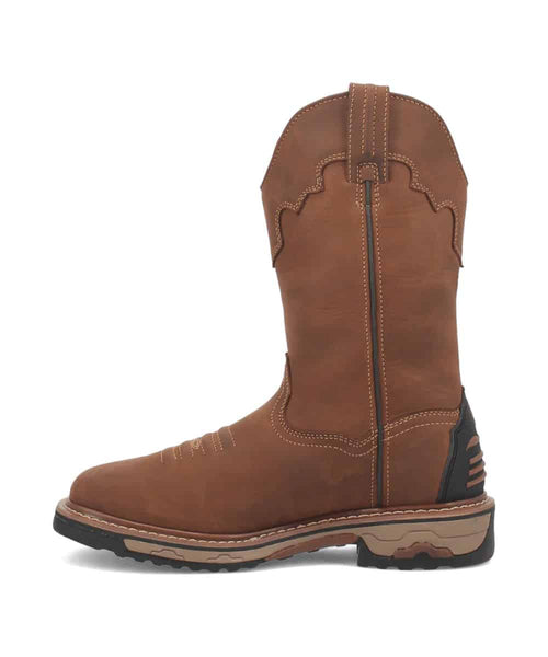 Dan Post Men's Blayde work boot in brown leather with a scuffed finish. Decorative stitching, rounded toe, scalloped collar, and pull tab. Rubber outsole for traction, textured side panel, and traditional western silhouette.