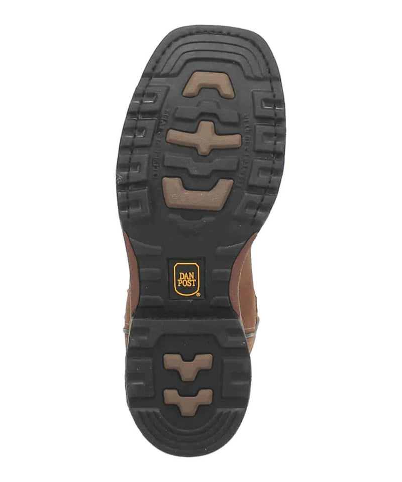 Dan Post Men's Blayde Work Boot: Rugged black rubber outsole with textured grip, brown leather upper sides. Durable and designed for work.