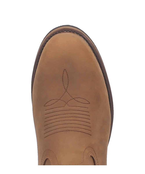 Dan Post Men's Alburquerque Work Boot: Tan leather upper, rounded toe, decorative stitching. Features pull loops for easy wear. Durable outsole for grip.