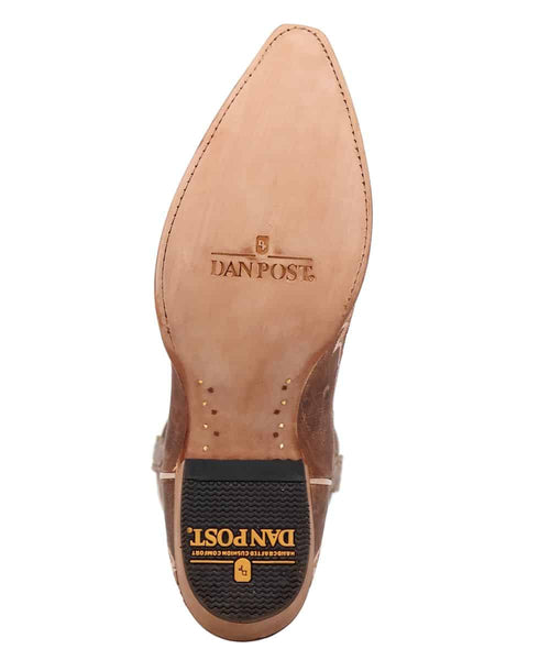 Dan Post women's racer boot: Tan leather, pointed toe, stacked heel. Smooth leather sole with rubber heel cap. Metal stud detailing. "DAN POST" brand imprint on the sole.