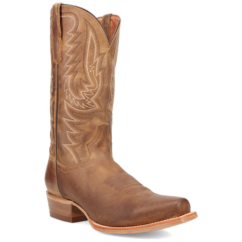 Dan Post Roman men's cowboy boots: tan leather, square toe, western stitching. Medium profile, angled top. Leather outsole, stacked heel. Classic Western style.
