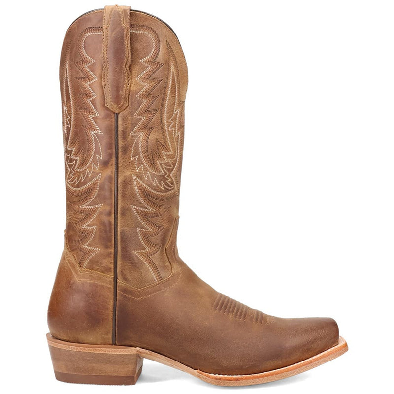 Dan Post Roman men's tan leather cowboy boots. Sleek square toe with detailed stitching. Tall shaft, smooth tan leather finish, stacked heel, and pointed cuff for a classic Western style.