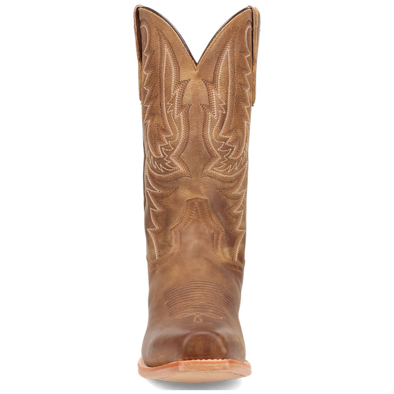 Tan leather cowboy boots with square toe and high shaft. Intricate stitching adorns the upper, highlighting detailed craftsmanship and pointed tops.