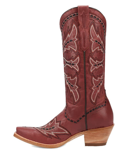 Dan Post Mesa women's boot: Red leather, tall shaft, pointed toe. Western design with decorative stitching. Tapered heel made of stacked wood.