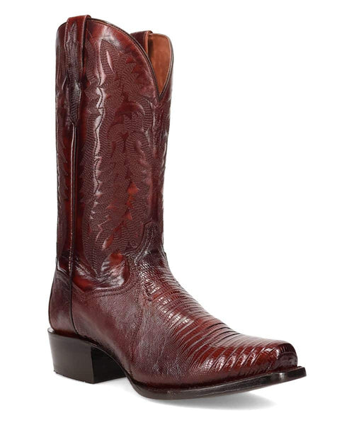 Dan Post Ringold Lizard Boot: Western silhouette with reddish-brown lizard leather. Floral stitching, pointed toe, and stacked heel. Features a comfortable leather lining.