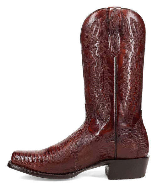 Dan Post Ringold men's lizard boots: reddish-brown, smooth lizard skin, tall shaft, pointed toe, curved heel. Decorative stitching. Narrow heel. Textured pattern.