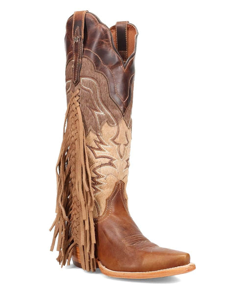 Dan Post Women's Dayla Boot: Tall brown boot with intricate stitching, fringed detailing, and a pointed toe. Light brown leather outsole.