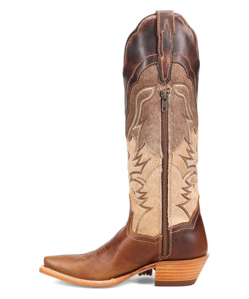 Dan Post Women's Dayla Boot: Tall shaft, pointed toe, stacked heel. Brown leather & beige hair-on-hide. Western stitching, back zipper. Stylish and functional western design.
