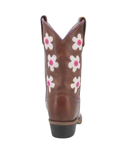 Dan Post Little Girls Giselle Boot: Brown leather with white/pink flower design. Classic western style, pointed toe, elevated heel, V-shaped collar, and black rubber outsole.