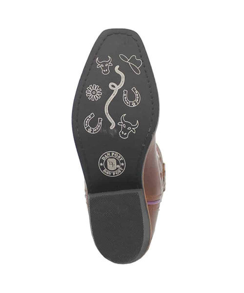 Dan Post Little Girls Giselle boot. Smooth brown leather upper, rounded toe, low heel. Embossed western designs on black rubber outsole. Stitched side seam for form.