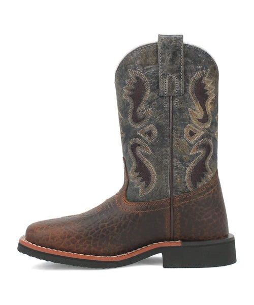 Dan Post Kids Creek Boot: Western-style, distressed brown leather with decorative stitching. Features a slightly rounded toe, tall shaft, stacked heel, and rubber outsole. Pull tab for easy wear.