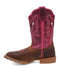 Dan Post Little Girls Salina Boot: Brown leather foot with pointed toe, pink floral stitched upper. Stacked heel, pull tab for easy wear.