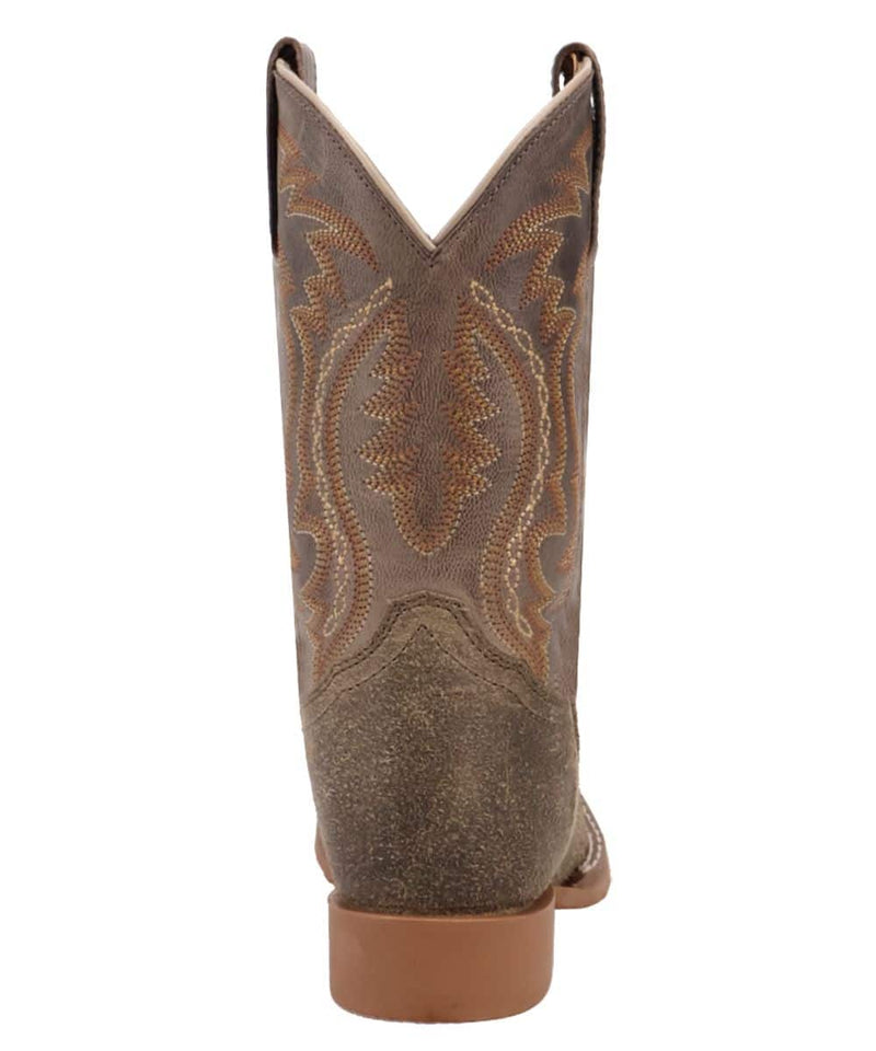 Dan Post Youth Boys Beasley Boot: Tan, textured boot with a tall shaft, pointed tops, and decorative stitching. Features dual pull tabs and a light brown sole.