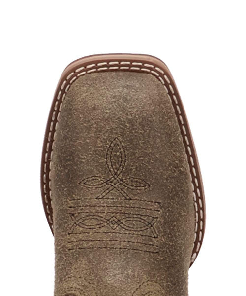 Youth Dan Post Beasley boot: Square toe, brown textured, worn finish. Contrasting stitch detail outlines the rim and leaf-patterned toe.
