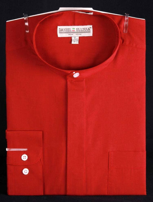 "Red Men's Classic French Front Dress Shirt with Banded Collar"